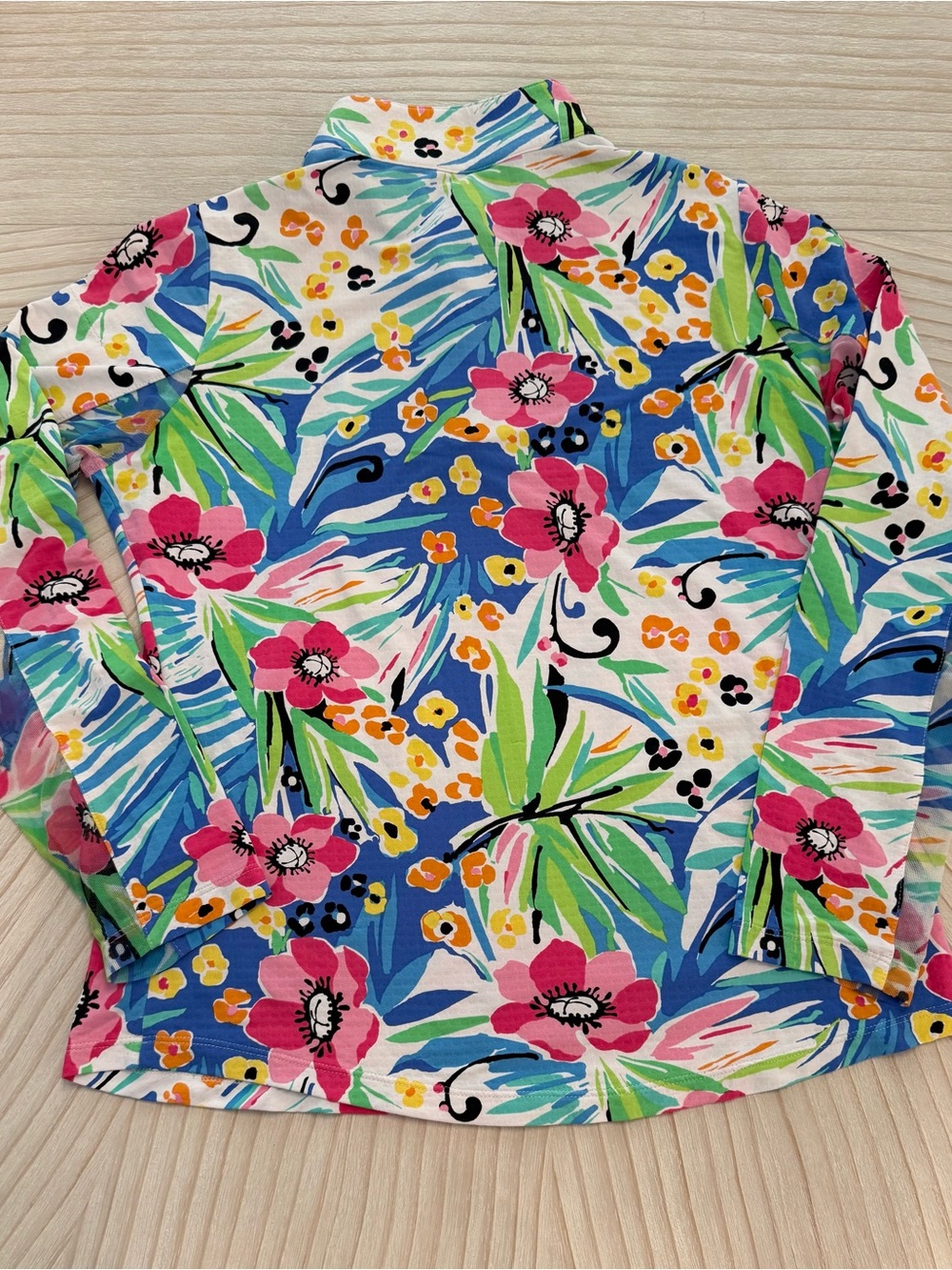 IBKUL Women’sTropical Floral Quarter Zip Long Sleeve Top - Pink, Blue & Green - Picture 6 of 6
